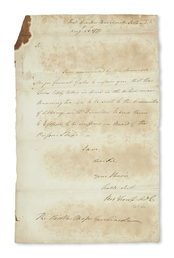 (AMERICAN REVOLUTION--1777.) Troup, Robert. Letter sending the Tory prisoners captured at Bennington to the prison ships.